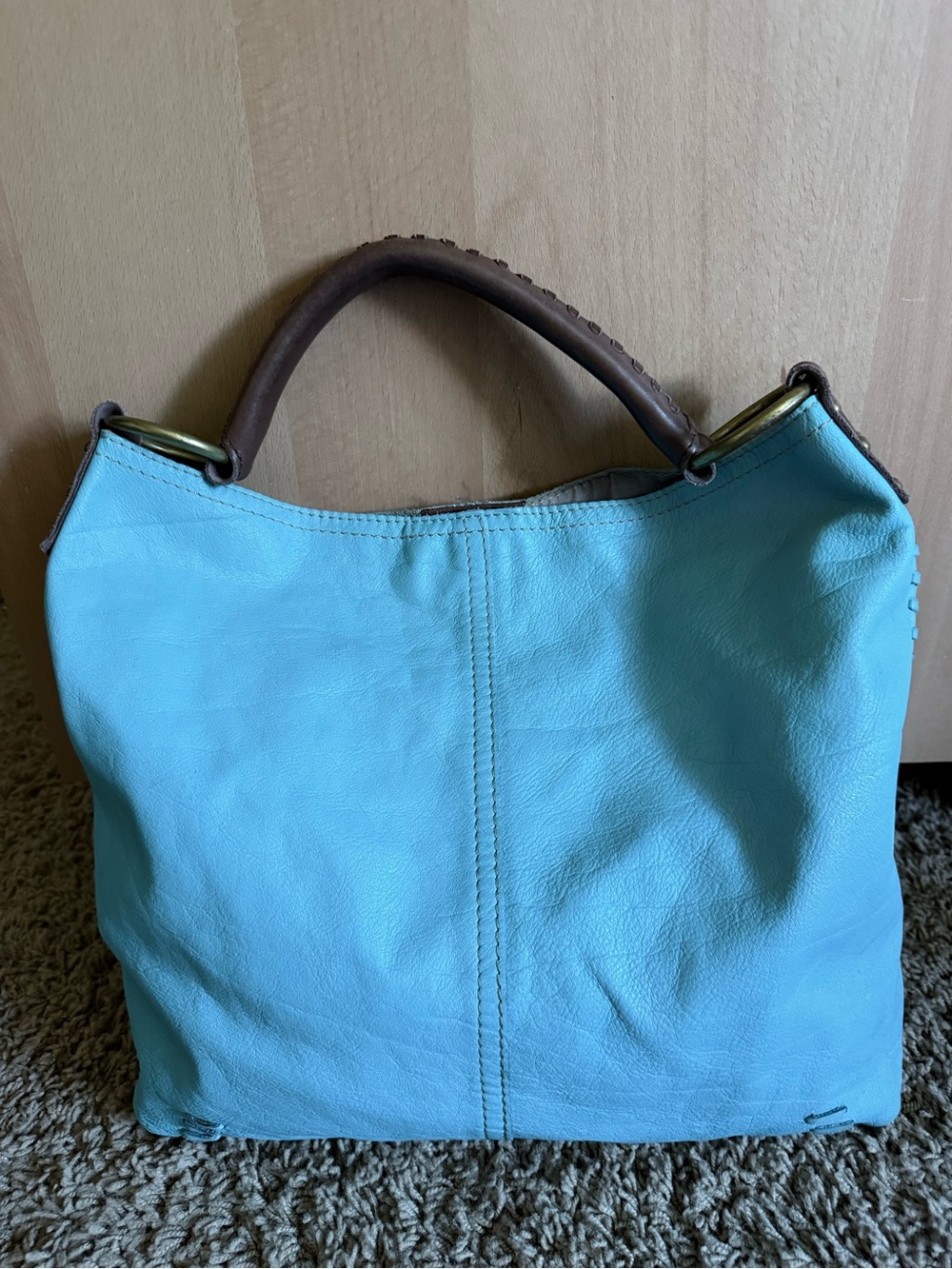 Lucky Brand Turquoise Leather Tote with Brown Handles